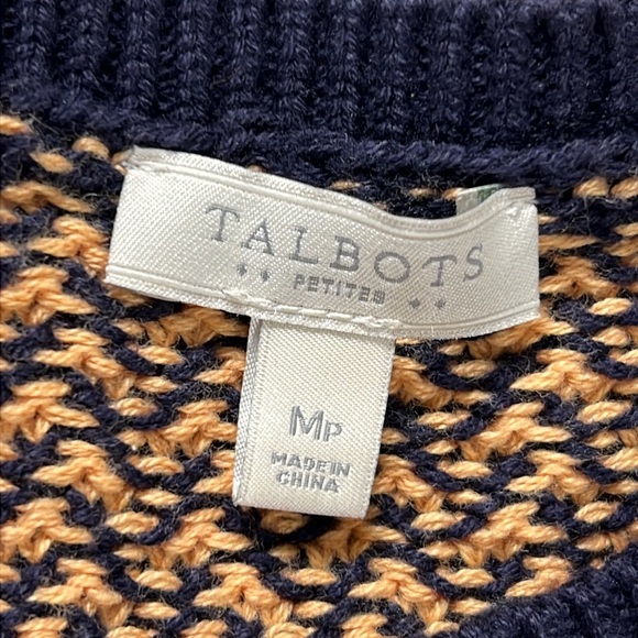 TALBOTS Basketweave Sweater M Petite Open Knit Cotton Navy Camel Neutral Classic - Picture 16 of 17